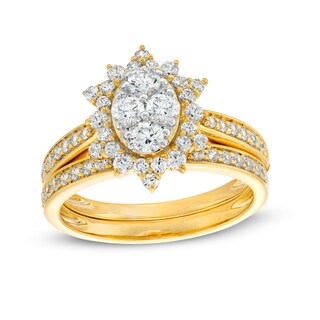 0.95 CT. T.W. Oval-Shaped Multi-Diamond Alternating Flower Frame Bridal Set in 10K Gold (J/I3)