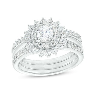 1.145 CT. T.W. Diamond Double Flower Frame Three Piece Bridal Set in 10K White Gold (J/I3)