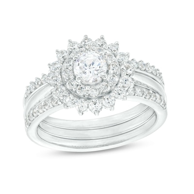 1.145 CT. T.W. Diamond Double Flower Frame Three Piece Bridal Set in 10K White Gold (J/I3)