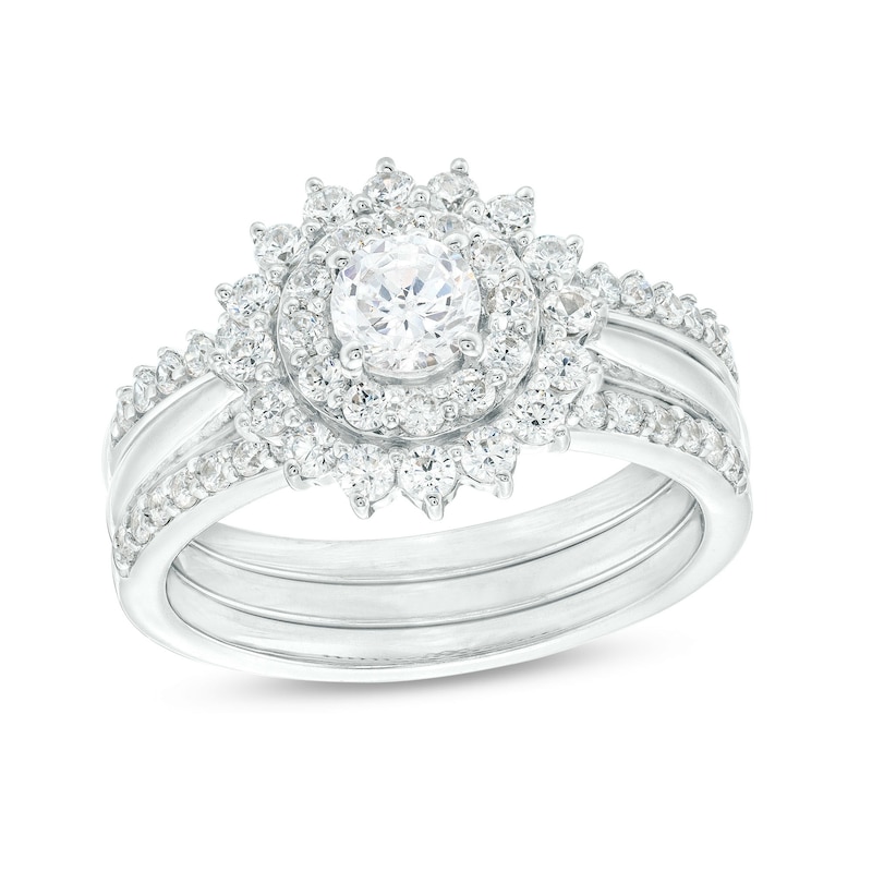 1.145 CT. T.W. Diamond Double Flower Frame Three Piece Bridal Set in 10K White Gold (J/I3)