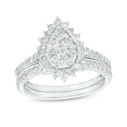 0.95 CT. T.W. Pear-Shaped Multi-Diamond Floral Frame Bridal Set in 10K White Gold (J/I3)