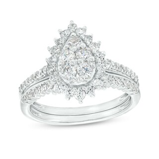 0.95 CT. T.W. Pear-Shaped Multi-Diamond Floral Frame Bridal Set in 10K Gold (J/I3