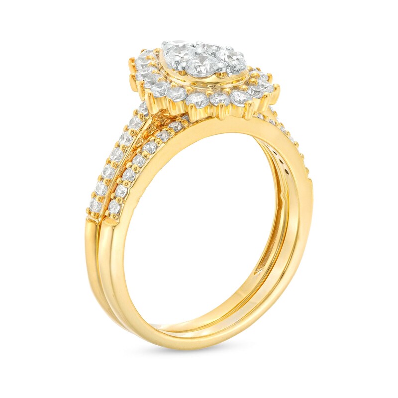 Main Image 3 of 0.95 CT. T.W. Pear-Shaped Multi-Diamond Flower Frame Bridal Set in 10K Gold (J/I3)