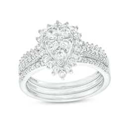 1.115 CT. T.W. Pear-Shaped Multi-Diamond Flower Frame Three Piece Bridal Set in 10K White Gold (J/I3)