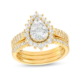 1.115 CT. T.W. Pear-Shaped Multi-Diamond Flower Frame Three Piece Bridal Set in 10K Gold (J/I3)