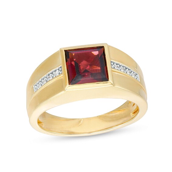 Men's 8.0mm Square-Cut Garnet and Diamond Accent Ring in 10K Gold
