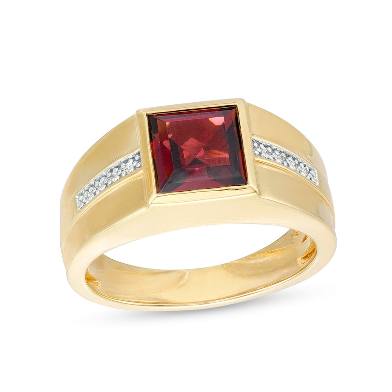 Men's 8.0mm Square-Cut Garnet and Diamond Accent Ring in 10K Gold|Peoples Jewellers