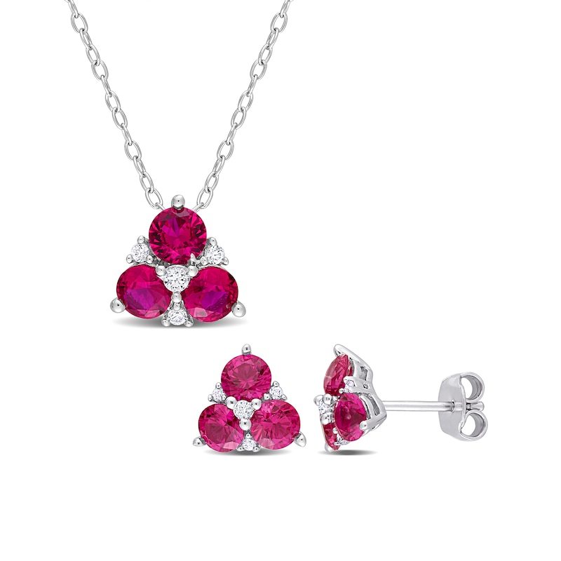 4.5mm Lab-Created Ruby and White Lab-Created Sapphire Trio Pendant and Stud Earrings Set in Sterling Silver|Peoples Jewellers