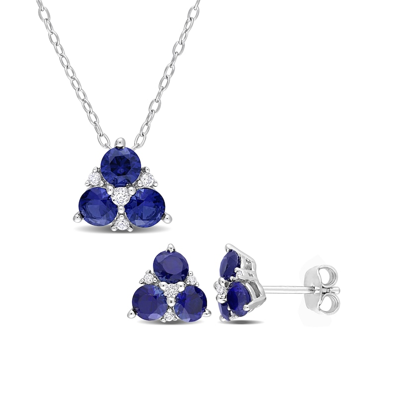 4.5mm Blue and White Lab-Created Sapphire Trio Pendant and Stud Earrings Set in Sterling Silver|Peoples Jewellers