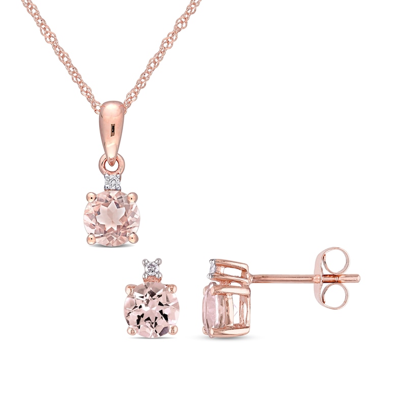 5.0mm Morganite and Diamond Accent Stacked Pendant and Stud Earrings Set in 10K Rose Gold - 17"|Peoples Jewellers