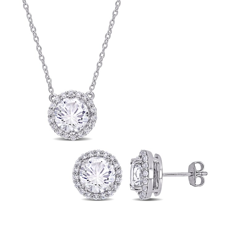 8.0mm White Lab-Created Sapphire Frame Pendant and Stud Earrings Set in Sterling Silver|Peoples Jewellers