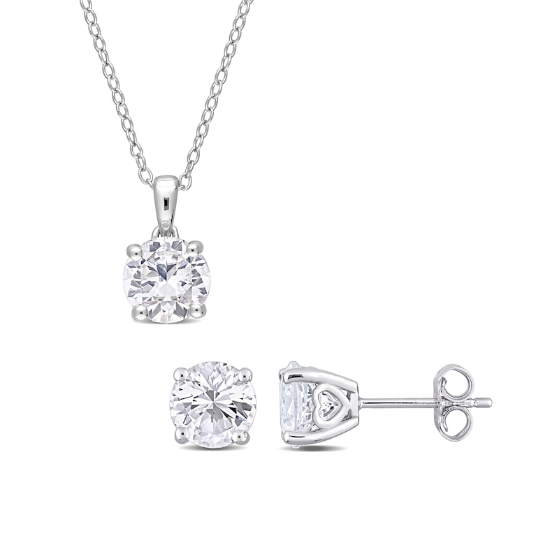 7.0mm White Lab-Created Sapphire Solitaire Pendant and Stud Earrings Set in Sterling Silver|Peoples Jewellers