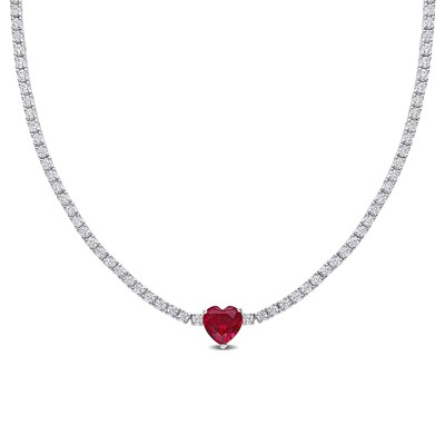 10.0mm Heart-Shaped Lab-Created Ruby and White Lab-Created Sapphire Necklace in Sterling Silver – 15"
