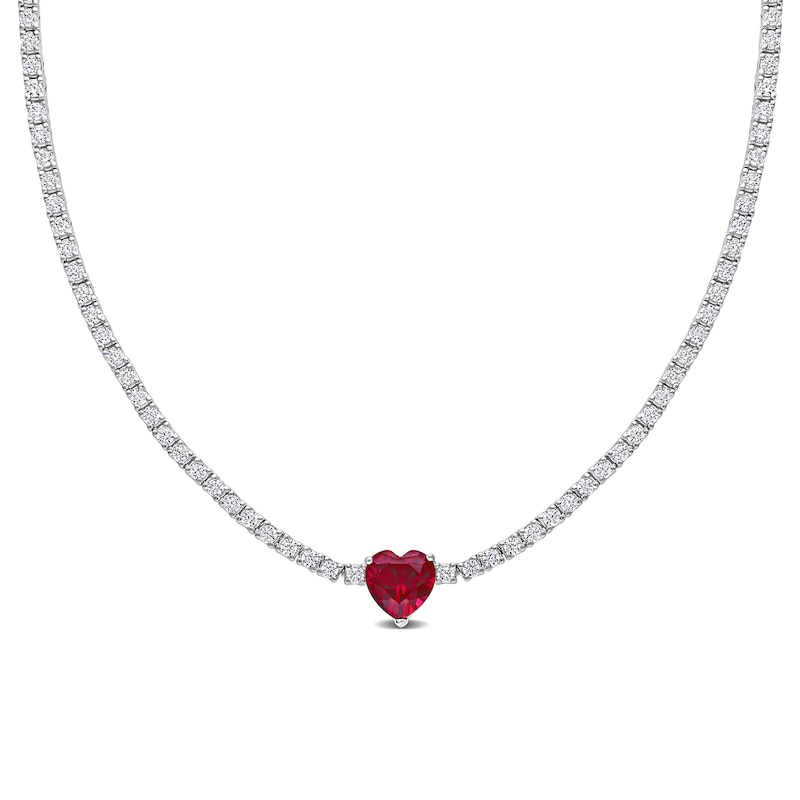 10.0mm Heart-Shaped Lab-Created Ruby and White Lab-Created Sapphire Necklace in Sterling Silver – 15"