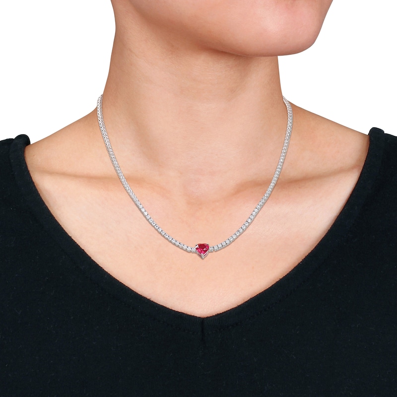 10.0mm Heart-Shaped Lab-Created Ruby and White Lab-Created Sapphire Necklace in Sterling Silver – 15"