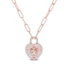 6.0mm Heart-Shaped Morganite and White Topaz Double Frame Heart Lock Necklace in Sterling Silver with Rose Rhodium