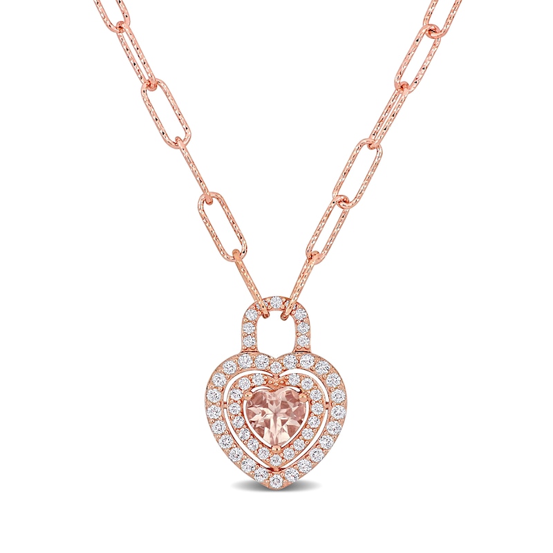 6.0mm Heart-Shaped Morganite and White Topaz Double Frame Heart Lock Necklace in Sterling Silver with Rose Rhodium|Peoples Jewellers