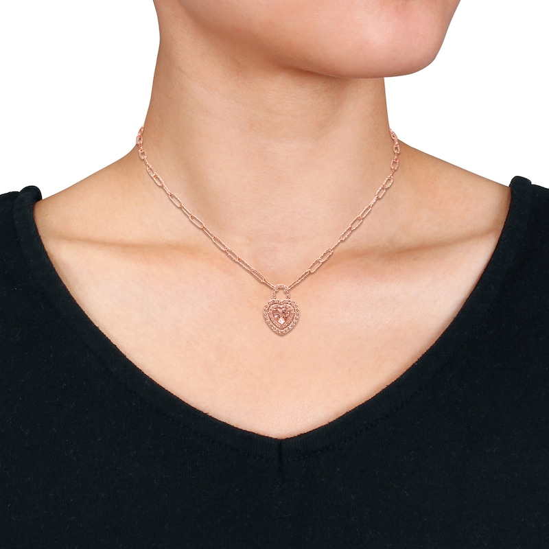Main Image 2 of 6.0mm Heart-Shaped Morganite and White Topaz Double Frame Heart Lock Necklace in Sterling Silver with Rose Rhodium