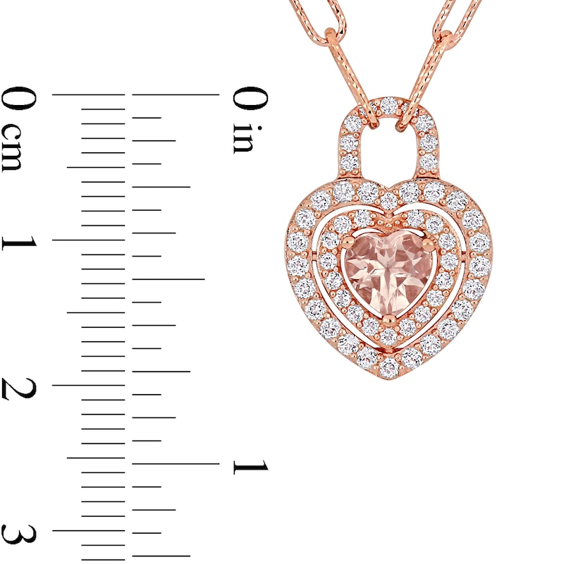 Main Image 3 of 6.0mm Heart-Shaped Morganite and White Topaz Double Frame Heart Lock Necklace in Sterling Silver with Rose Rhodium