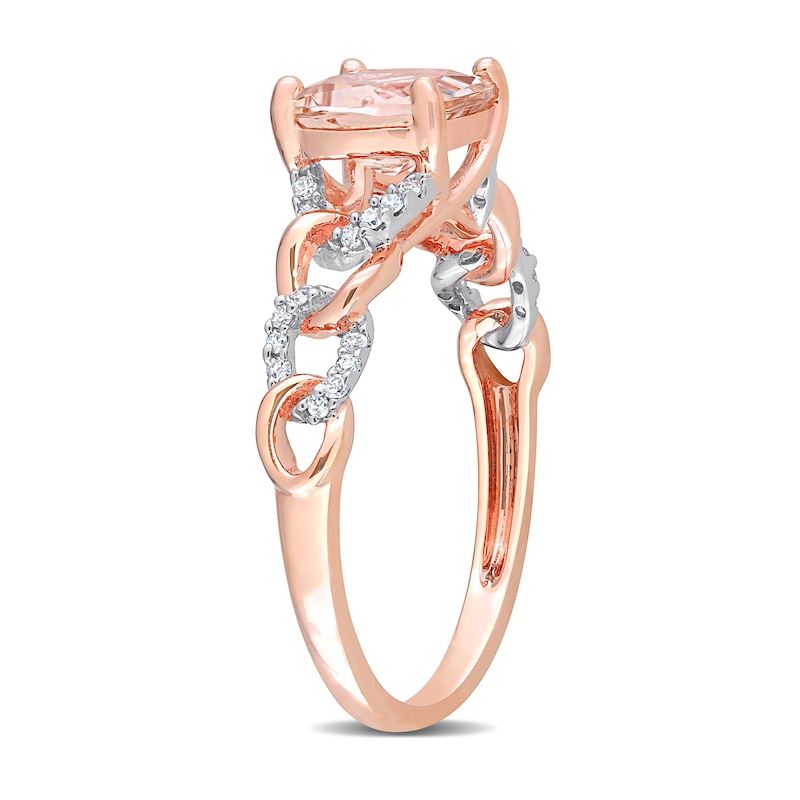 Main Image 3 of 7.0mm Cushion-Cut Morganite and 0.11 CT. T.W. Diamond Chain Link Shank Ring in 10K Rose Gold