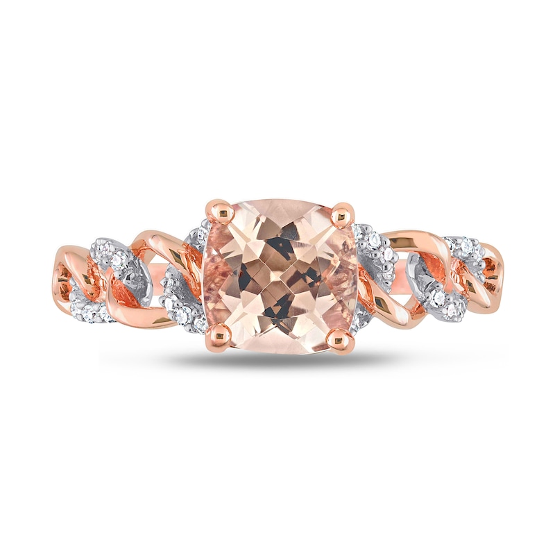 Main Image 4 of 7.0mm Cushion-Cut Morganite and 0.11 CT. T.W. Diamond Chain Link Shank Ring in 10K Rose Gold
