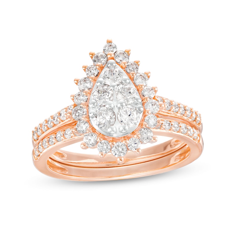 Main Image 1 of 0.95 CT. T.W. Pear-Shaped Multi-Diamond Flower Frame Bridal Set in 10K Rose Gold (J/I3)