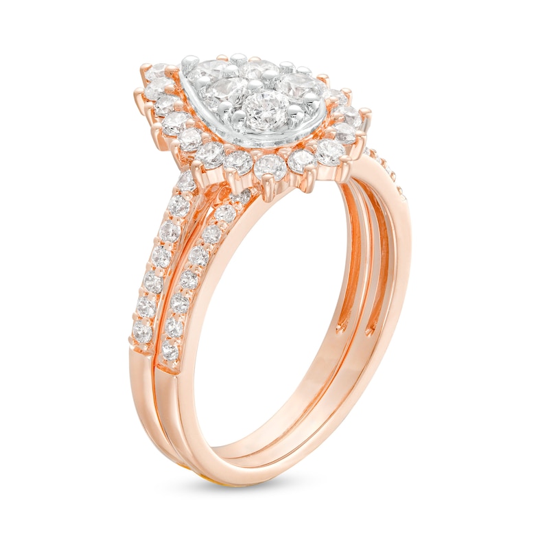Main Image 3 of 0.95 CT. T.W. Pear-Shaped Multi-Diamond Flower Frame Bridal Set in 10K Rose Gold (J/I3)