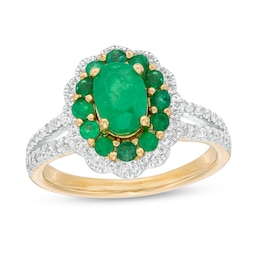 Oval Emerald and 0.25 CT. T.W. Diamond Double Scallop Frame Ring in 10K Gold