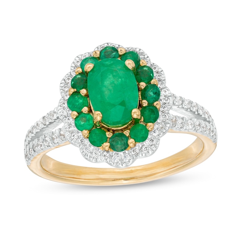 Oval Emerald and 0.25 CT. T.W. Diamond Double Scallop Frame Ring in 10K ...