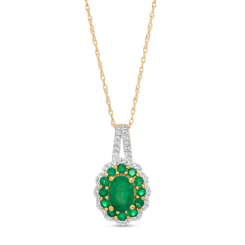 Oval Emerald and 0.15 CT. T.W. Diamond Double Scallop Frame Pendant in 10K Gold|Peoples Jewellers