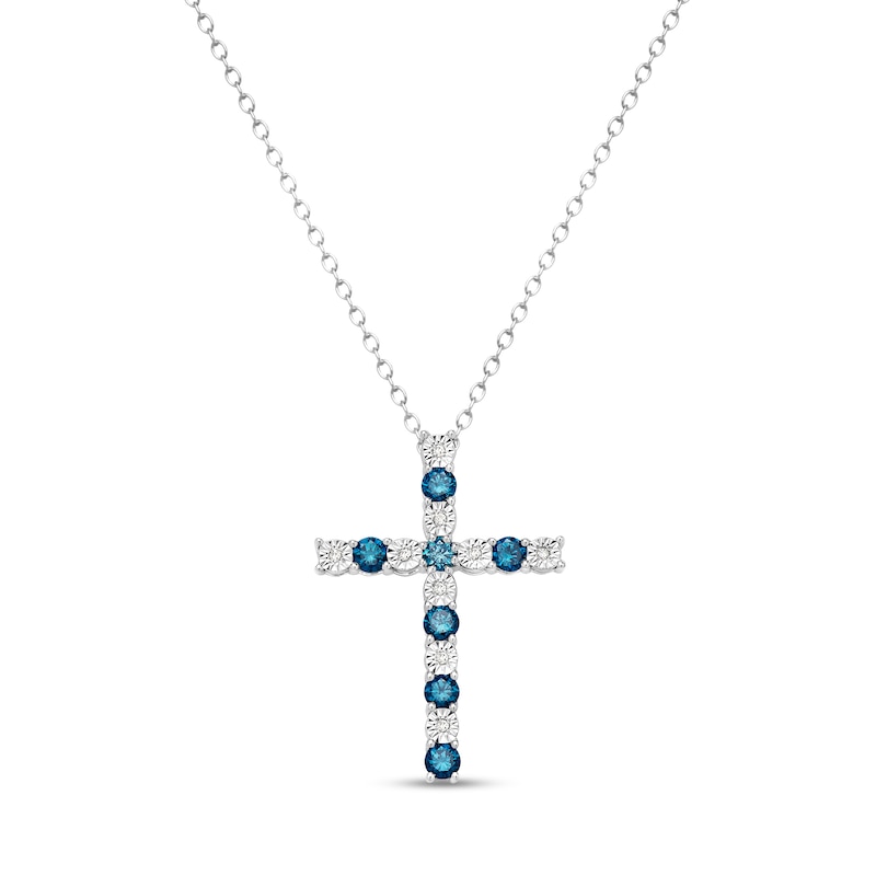 0.58 CT. T.W. Blue and White Diamond Alternating Cross Pendant in Sterling Silver - 16"