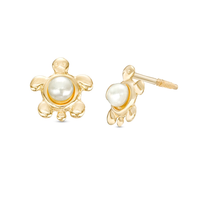 Child's Button Cultured Freshwater Pearl Turtle Stud Earrings in 14K Gold|Peoples Jewellers