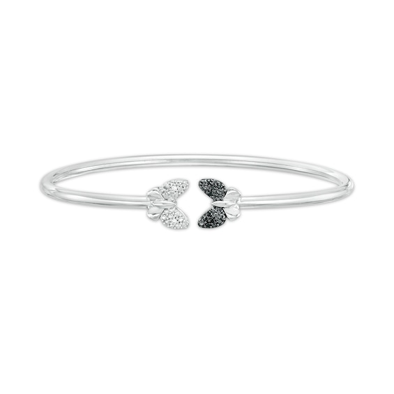 0.04 CT. T.W. Black and White Diamond Double Butterfly Open Bangle in Sterling Silver - 7.75"