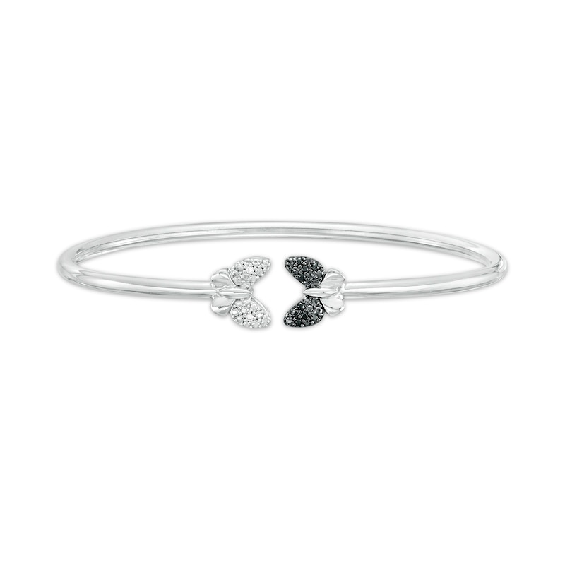 0.04 CT. T.W. Black and White Diamond Double Butterfly Open Bangle in Sterling Silver - 7.75"