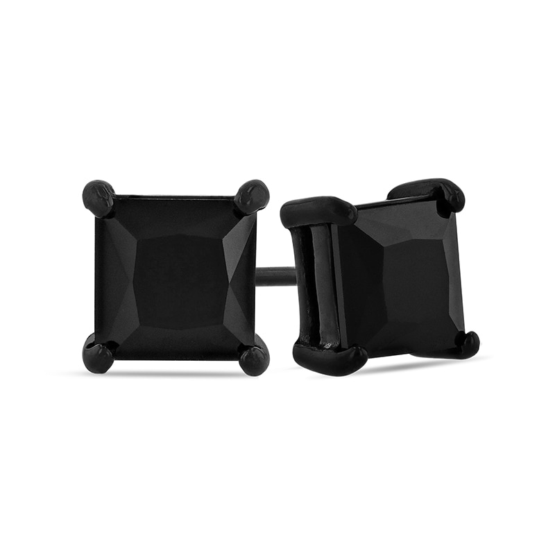 6.0mm Square-Cut Black Spinel Solitaire Stud Earrings in Stainless Steel with Black Ion-Plate