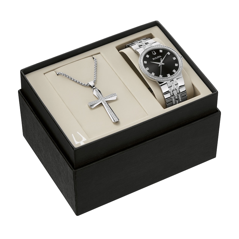 Men's Bulova Crystal Accent Watch with Black Dial and Cross Pendant Box Set (Model: 96K110)|Peoples Jewellers