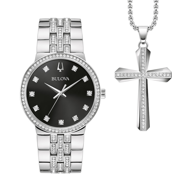 Main Image 2 of Men's Bulova Crystal Accent Watch with Black Dial and Cross Pendant Box Set (Model: 96K110)