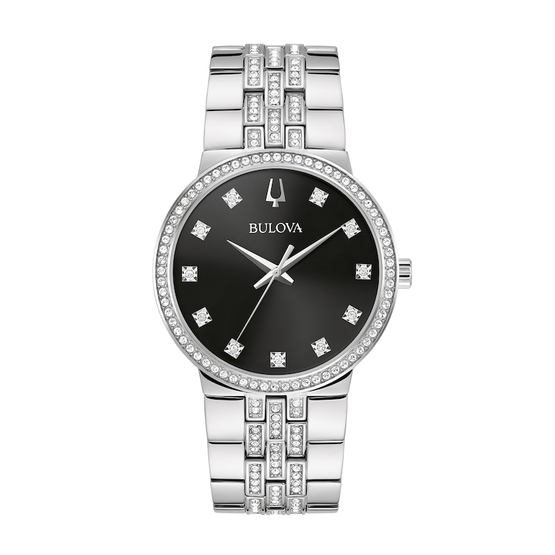 Main Image 3 of Men's Bulova Crystal Accent Watch with Black Dial and Cross Pendant Box Set (Model: 96K110)