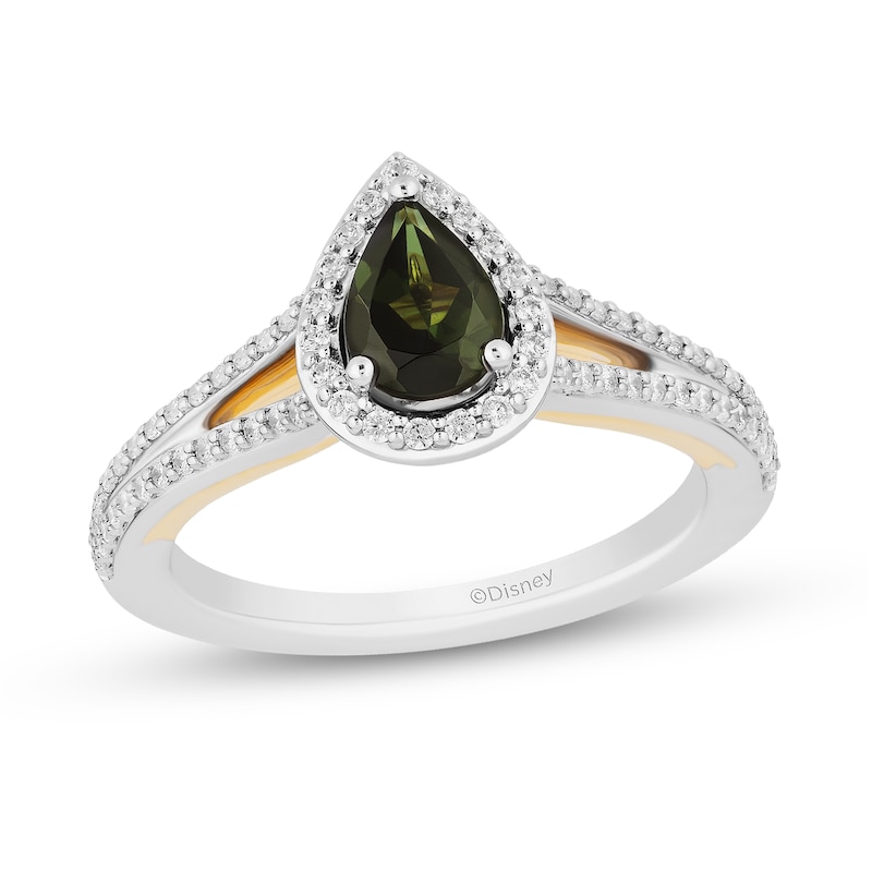 Main Image 1 of Enchanted Disney Tinker Bell Pear-Shaped Green Tourmaline and 0.37 CT. T.W. Diamond Engagement Ring in 14K Two-Tone Gold