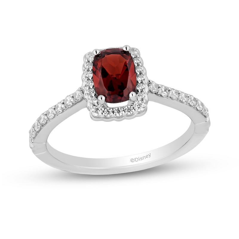 Enchanted Disney Snow White Cushion-Cut Garnet and 0.29 CT. T.W. Diamond Frame Engagement Ring in 14K Two-Tone Gold