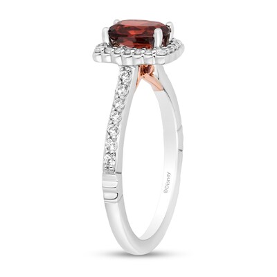 Enchanted Disney Snow White Cushion-Cut Garnet and 0.29 CT. T.W. Diamond Frame Engagement Ring in 14K Two-Tone Gold