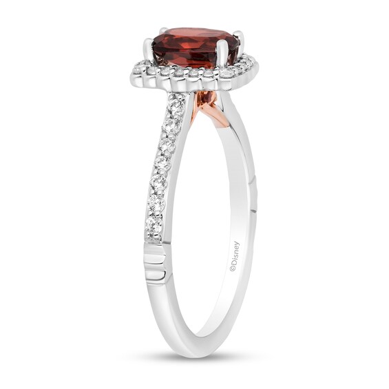 Enchanted Disney Snow White Cushion-Cut Garnet and 0.29 CT. T.W. Diamond Frame Engagement Ring in 14K Two-Tone Gold