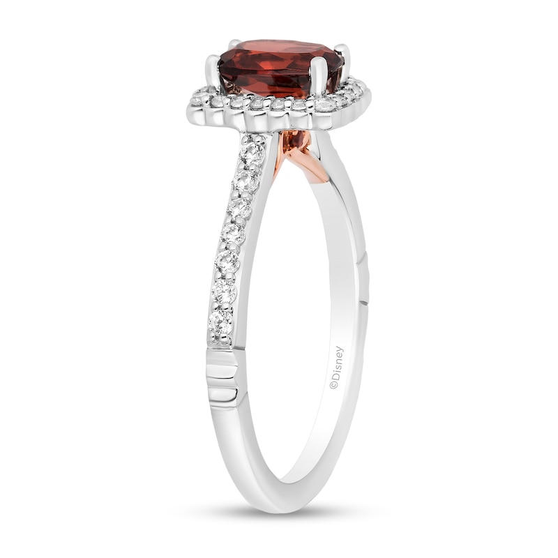 Enchanted Disney Snow White Cushion-Cut Garnet and 0.29 CT. T.W. Diamond Frame Engagement Ring in 14K Two-Tone Gold