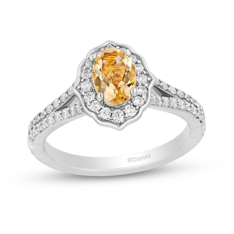 Enchanted Disney Belle Oval Citrine and 0.45 CT. T.W. Diamond Frame Split Shank Engagement Ring in 14K Two-Tone Gold