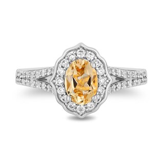 Enchanted Disney Belle Oval Citrine and 0.45 CT. T.W. Diamond Frame Split Shank Engagement Ring in 14K Two-Tone Gold