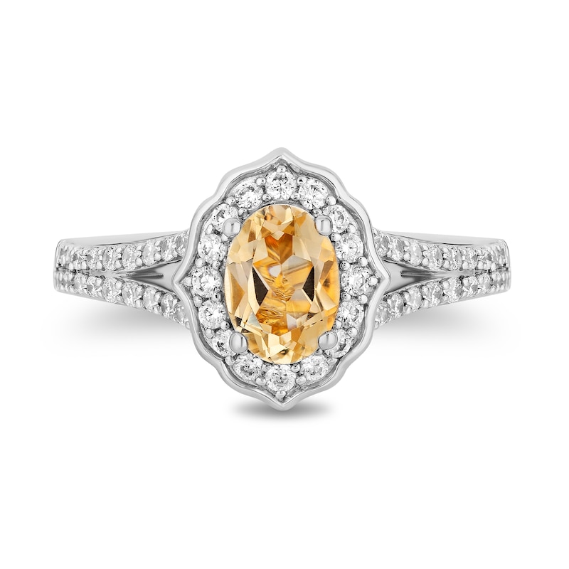 Enchanted Disney Belle Oval Citrine and 0.45 CT. T.W. Diamond Frame Split Shank Engagement Ring in 14K Two-Tone Gold