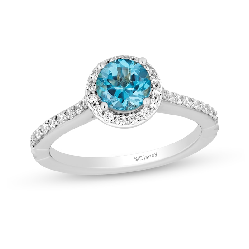 Enchanted Disney Jasmine 6.0mm Swiss Blue Topaz and 0.29 CT. T.W. Diamond Frame Engagement Ring in 14K White Gold