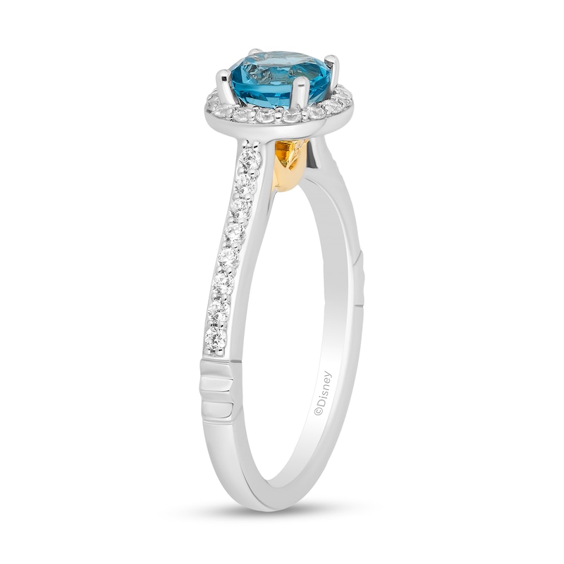 Enchanted Disney Jasmine 6.0mm Swiss Blue Topaz and 0.29 CT. T.W. Diamond Frame Engagement Ring in 14K White Gold