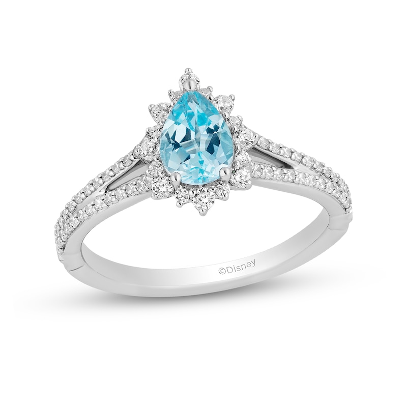 Enchanted Disney Elsa Pear-Shaped Sky Blue Topaz and 0.37 CT. T.W. Diamond Frame Engagement Ring in 14K White Gold|Peoples Jewellers