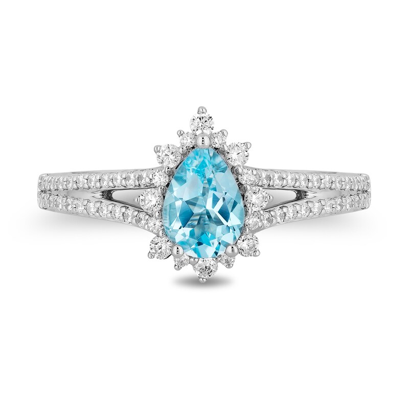 Enchanted Disney Elsa Pear-Shaped Sky Blue Topaz and 0.37 CT. T.W. Diamond Frame Engagement Ring in 14K White Gold